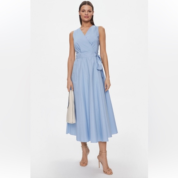 FRANCOMINA COTTON POPLIN WRAP MAXI DRESS SKY BLUE SIZE LARGE EUC MADE IN ITALY - Picture 3 of 12